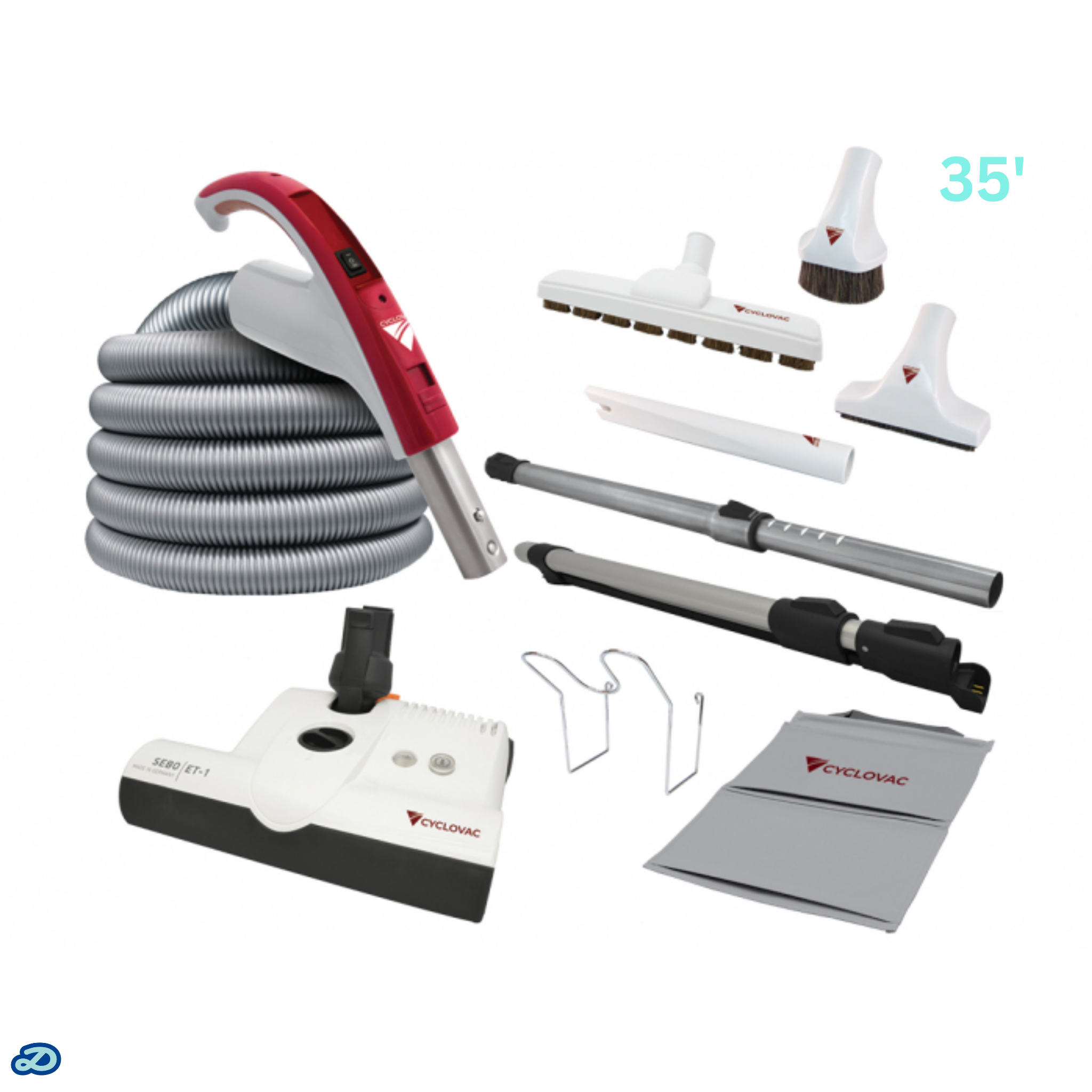 Ensemble d'accessoires électriques 110/24 V avec tuyau et poignée exclusifs Cyclovac - brosse et tête motorisée Super Luxe (35 pi)