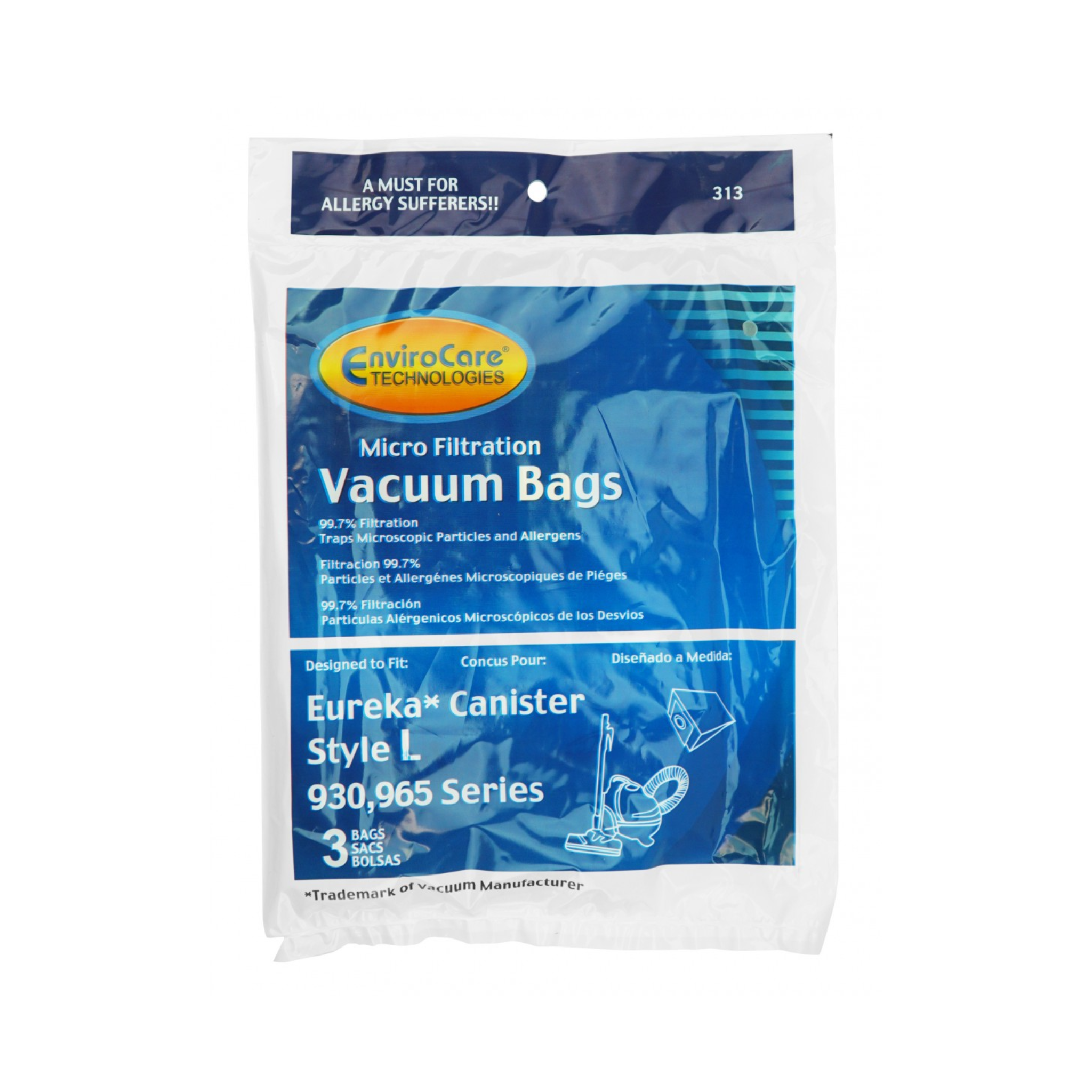 Sac microfiltre pour aspirateur-traîneau Eureka série L 930, 965 - Paquet de 3 sacs