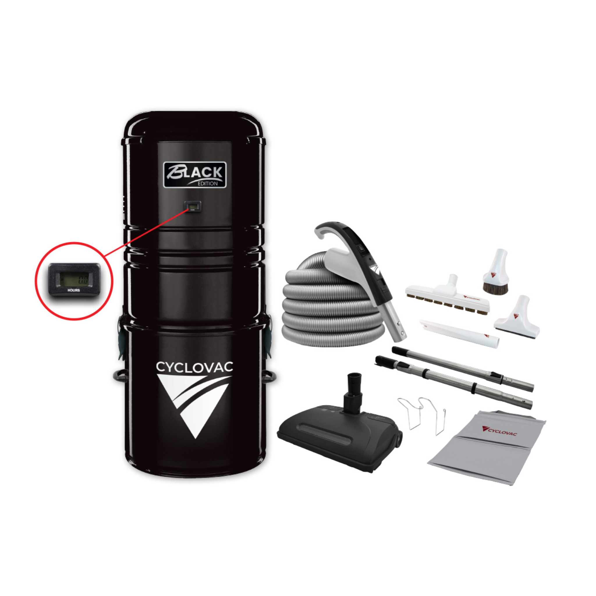 Aspirateur central 125 Black Edition avec sac incluant une trousse d'accessoires électriques 110/24V Super Luxe - boyau de 35 pieds (10,67 m) - Brossé électrique
