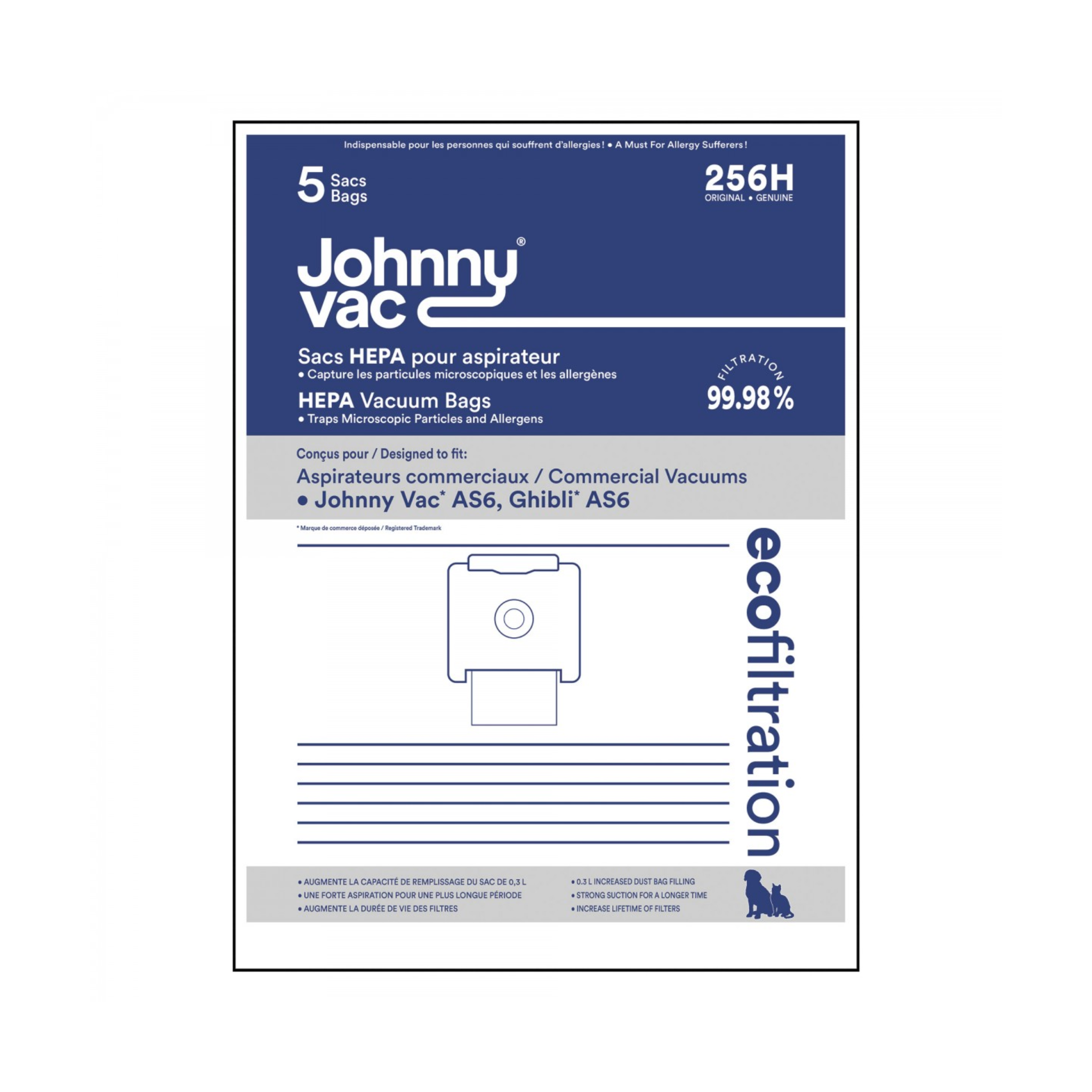 Sac microfiltre HEPA pour aspirateur Johnny Vac AS6, Ghibli AS6 - paquet de 5 sacs