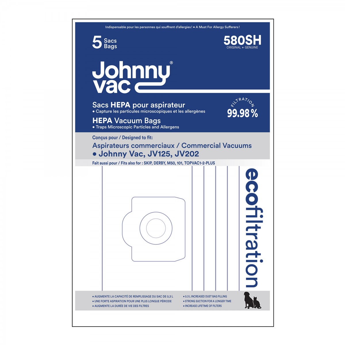 Sac microfiltre HEPA pour aspirateurs Johnny Vac JV125 et JV202 - Lot de 5 sacs